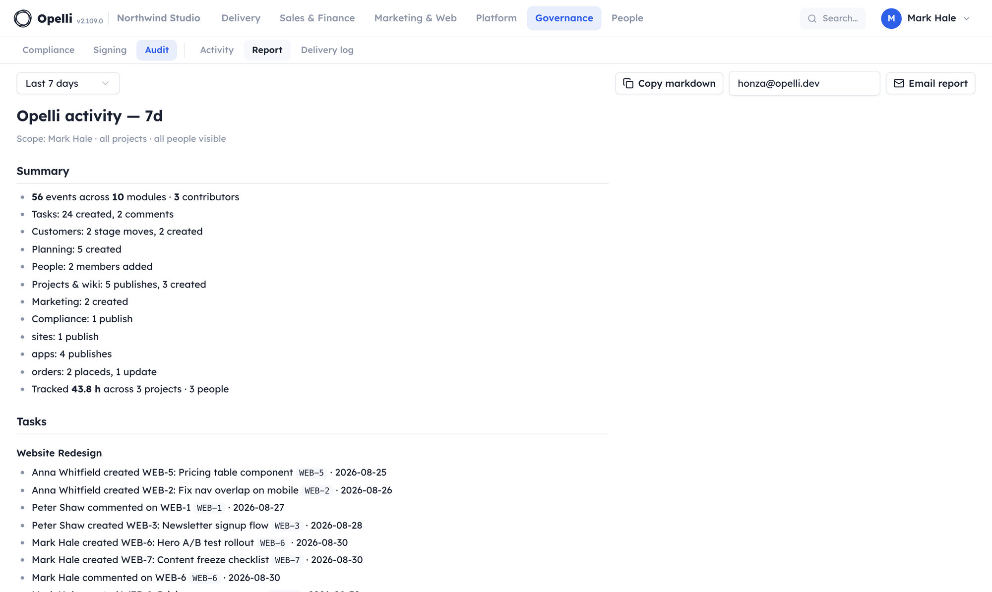 The Report view: a summary with per-module tallies and tracked hours, then the detail grouped by project, above Copy markdown and Email report buttons.