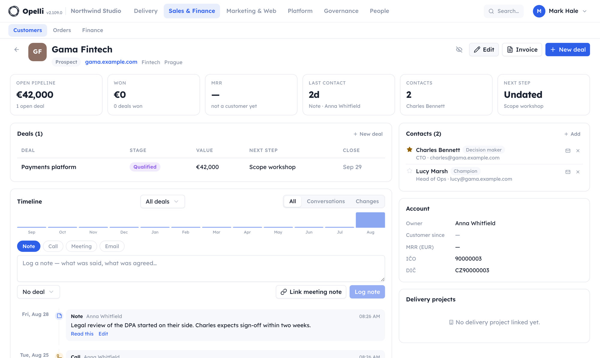 A customer's page: headline figures across the top, the deals table, the day-by-day history of notes, calls and emails, with contacts and customer details down the side.