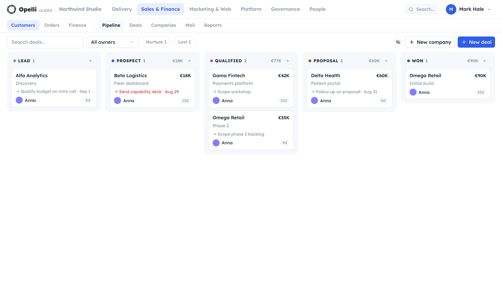 The Customers pipeline: deal cards in Lead, Prospect, Qualified, Proposal and Won columns with values, next steps and owners.