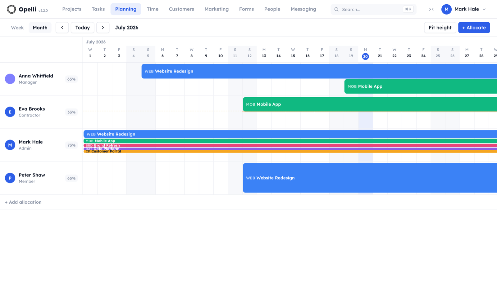 The Planning schedule: per-person swimlanes with stacked allocation bars across a two-month timeline.