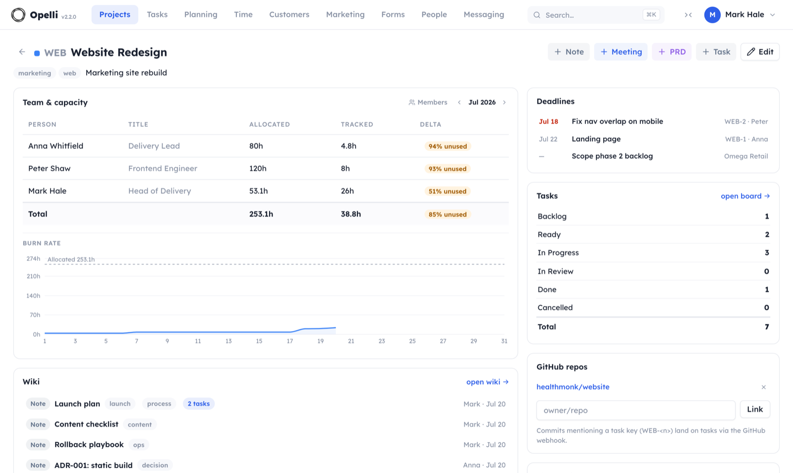 A project detail page: Team & capacity table with titles, a burn-rate chart against the allocated budget, wiki and task widgets.