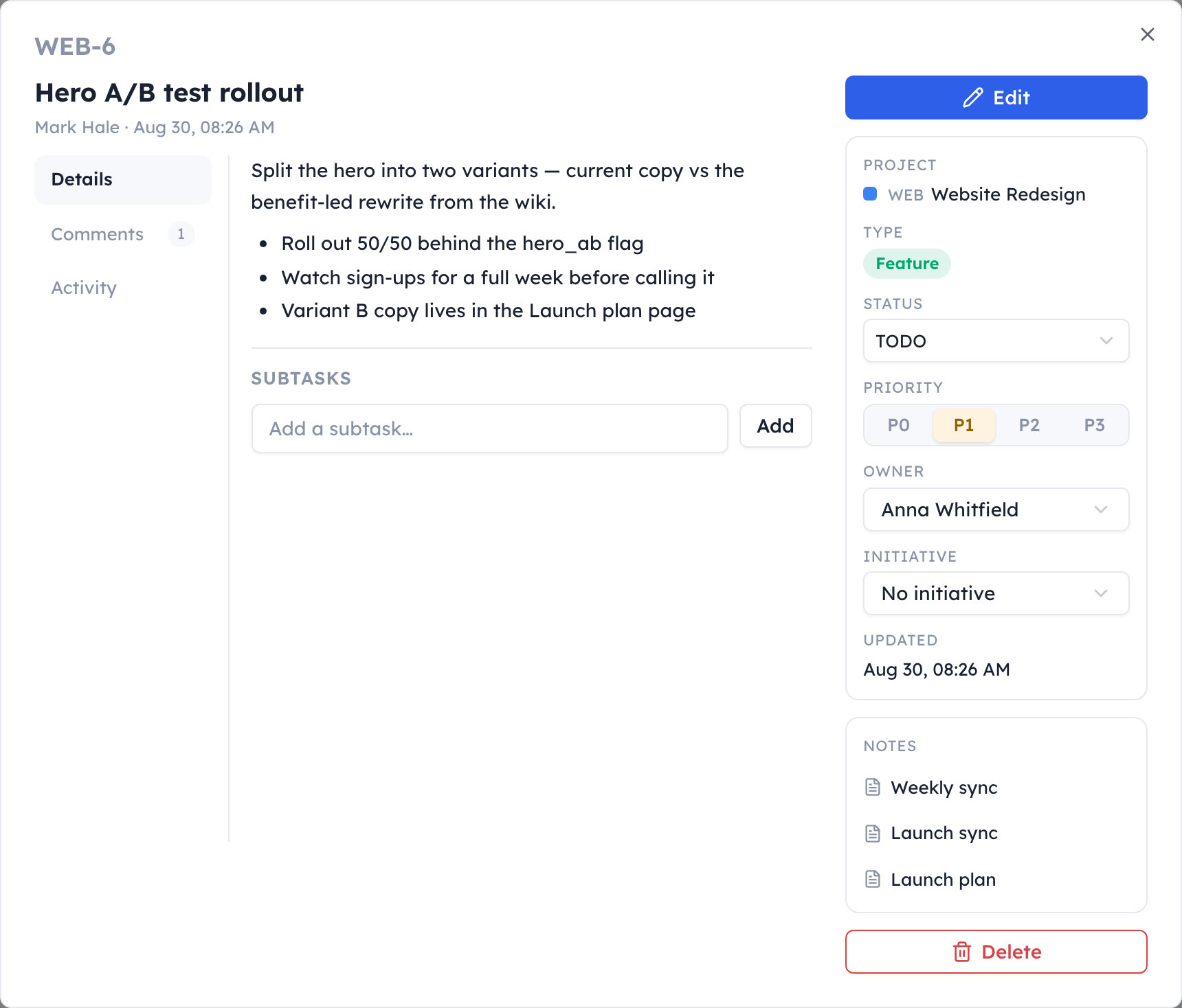 A task opened read-first: the description up front, a P0–P3 priority control and quick status and owner selects in the sidebar, and the Weekly sync meeting note it came from linked below.