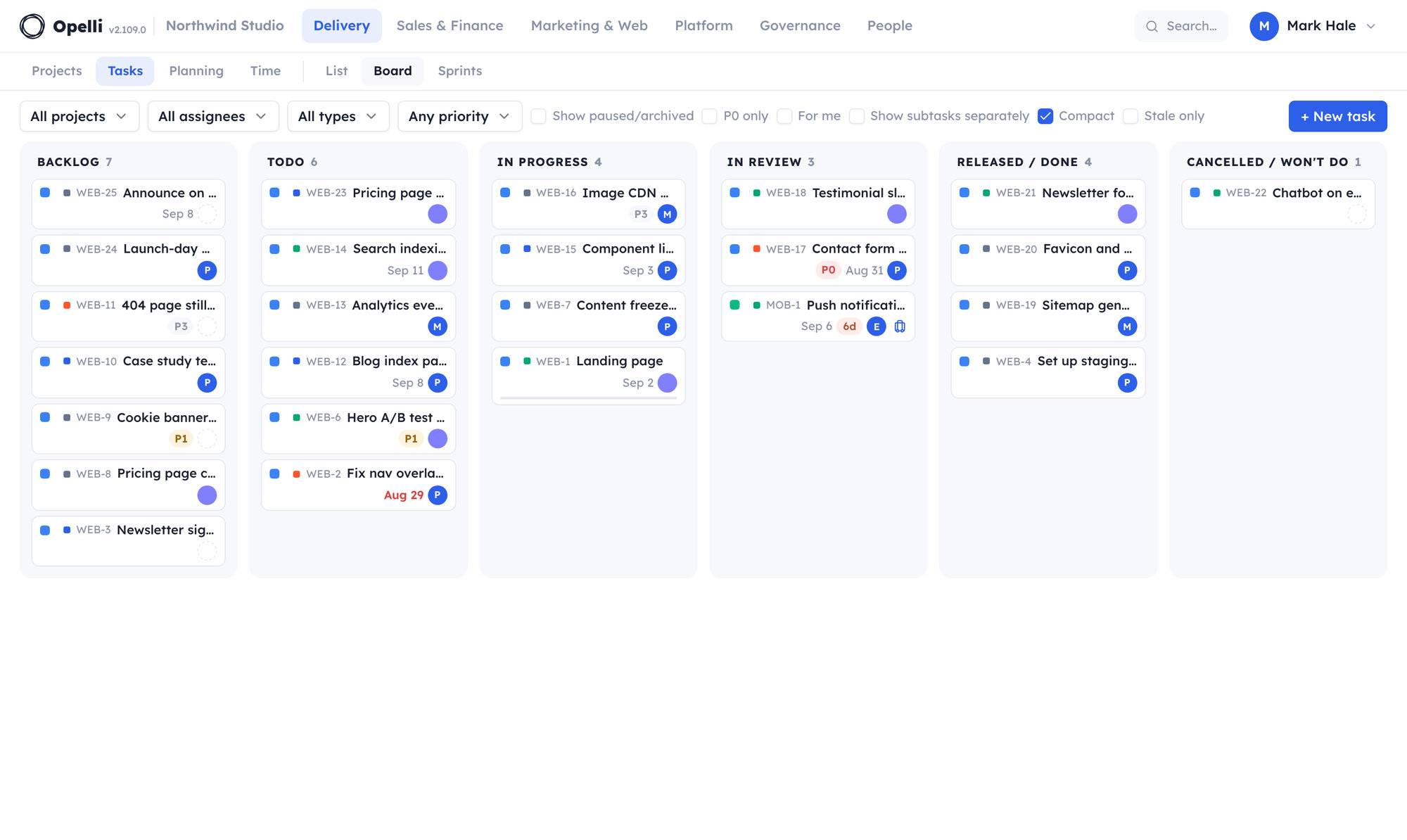The same board in compact mode: one line per card with the key, the title, a due date and the owner's avatar, and every status column visible at once.