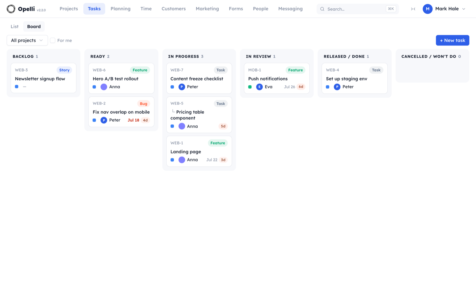 The Tasks board: status columns with typed task cards, owners, due chips and staleness pills.