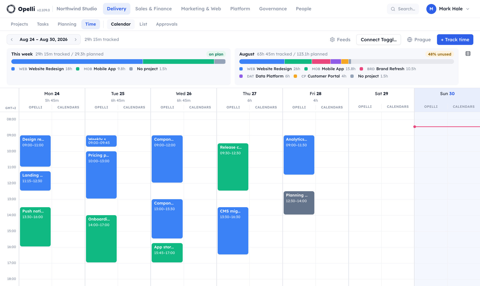 The Time week calendar with time entries laid out across the week.