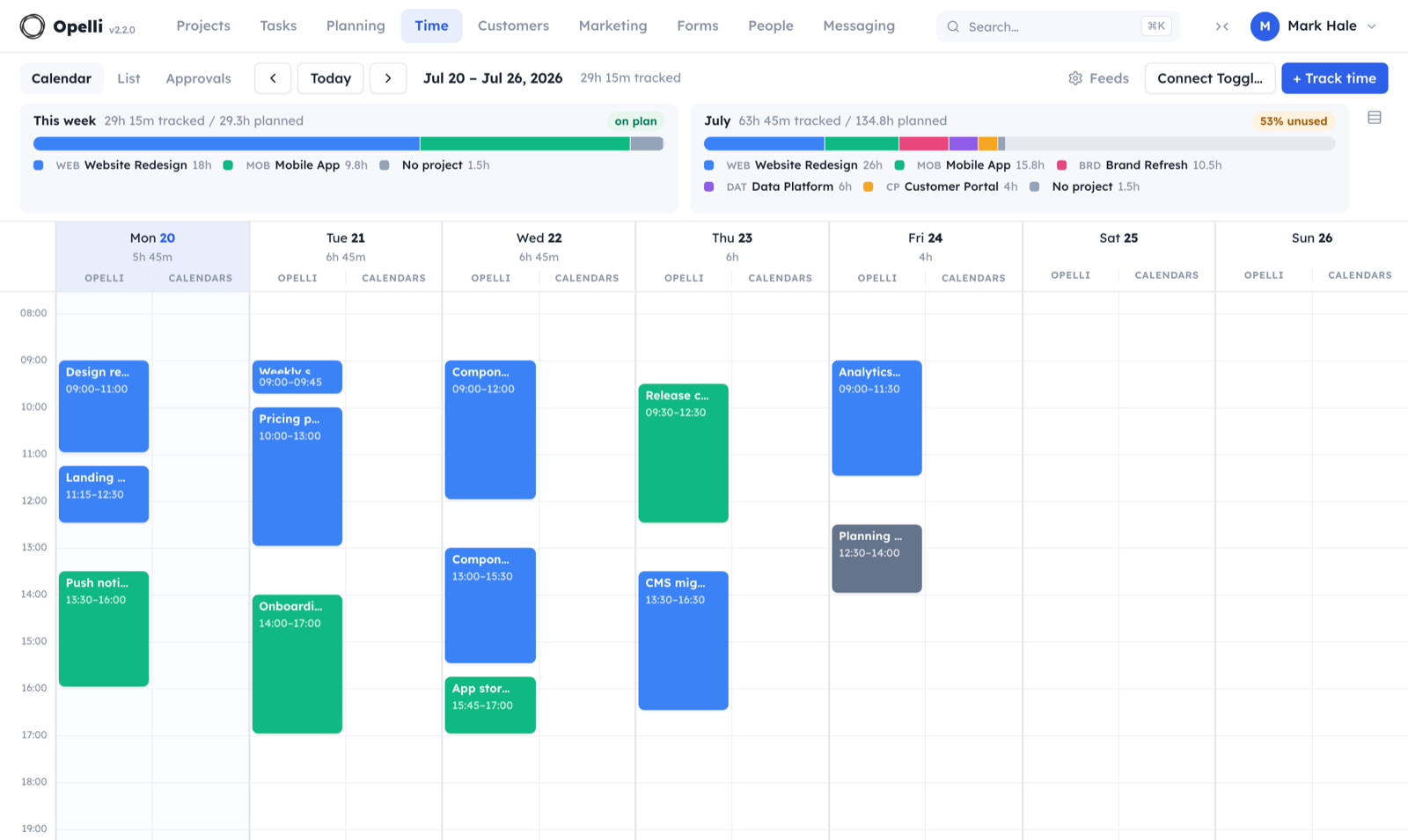 The Time week calendar with drag-to-create entries across the week.