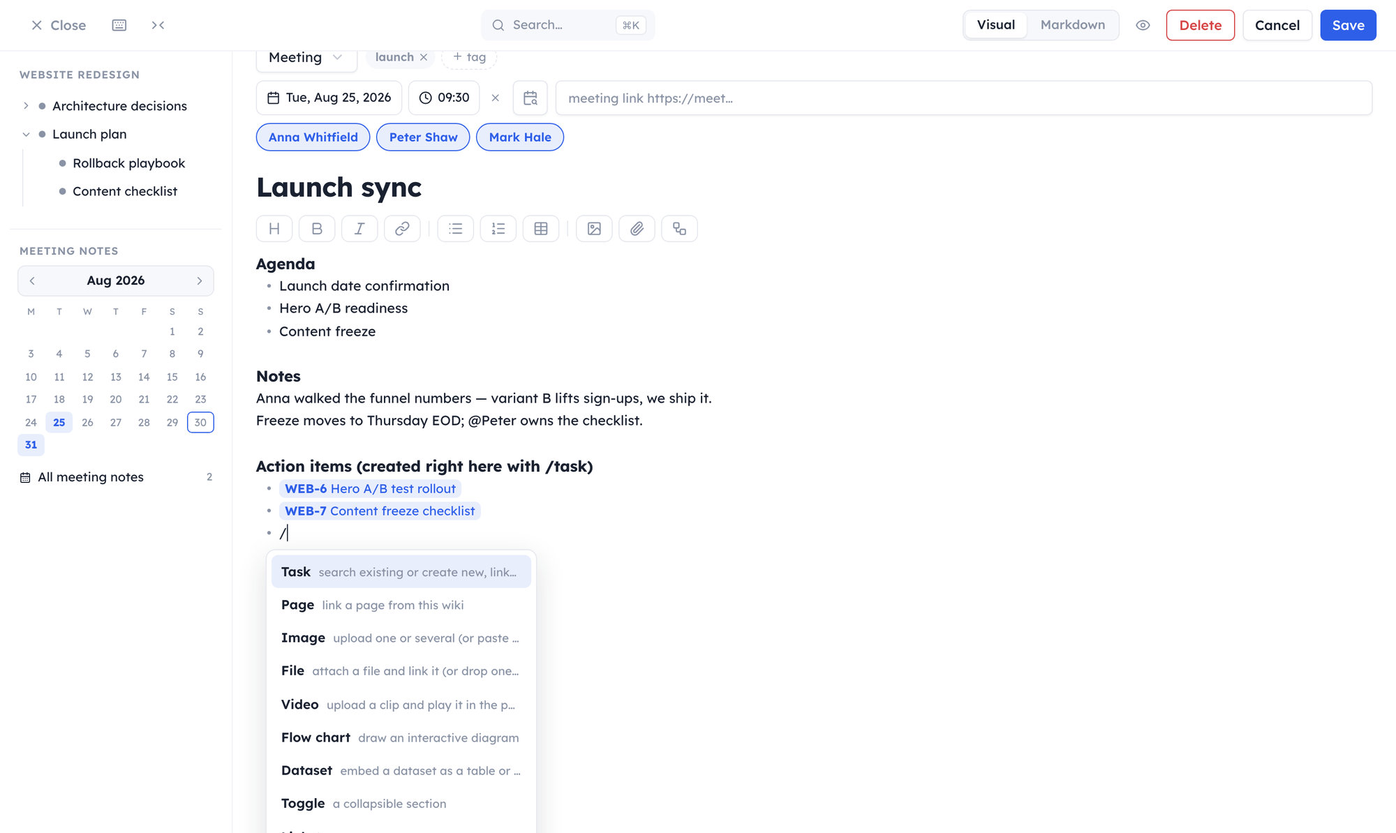 The wiki editor on a meeting note: attendee chips, the Markdown text and an insert menu offering a task, a page, an image and a flow chart.